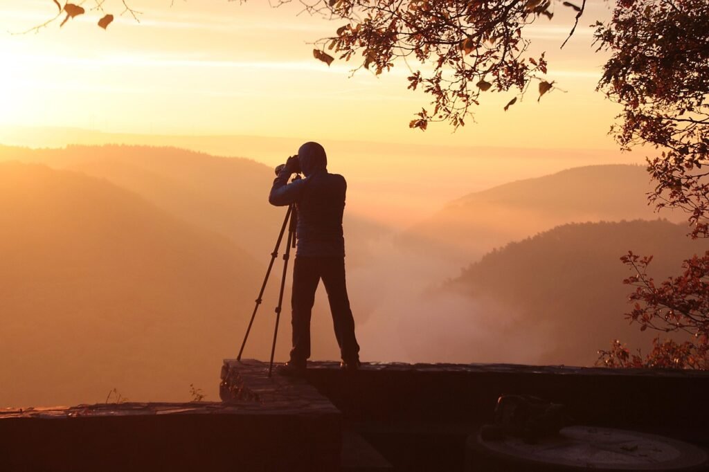 photographer, sunset, nature, mountains, photography, landscape, fog, saar loop, saarschleife, sunrise, man